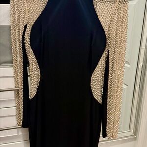 Xscapr Elegant Black and Cream/Sheer Dress with Rhinestone Detailing.